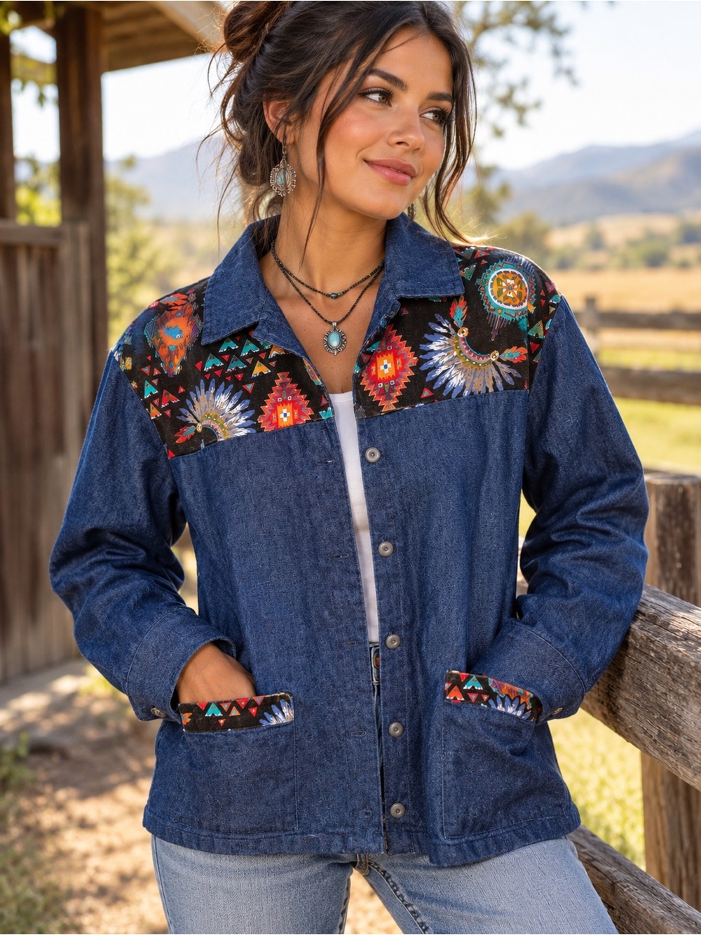 Vintage BonWorth Western Southwestern Denim Jacket Small Made in USA 100% Cotton